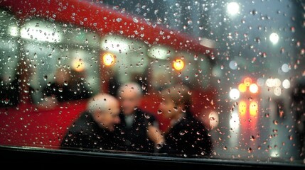 Rain drips down the bus window, creating a blurred view of passengers animatedly talking. The urban night hums with vibrant lights, setting a cozy yet lively scene as rain patters softly