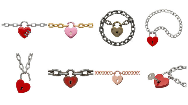 Heart padlock set including combination, keyhole, open, closed, and vintage styles isolated. Romance, security, and love concept collection.