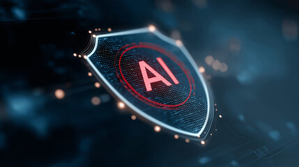 Futuristic digital shield with AI symbol representing artificial intelligence security, trusted AI systems, data protection, ethical technology, cyber defense and safe adoption of advanced AI solution