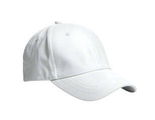 Simple white baseball cap against a black background, angled view