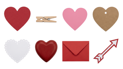 Valentine's day collection including red and pink hearts, craft tag, clothespin, envelope, and arrow isolated. Romantic scrapbooking and stationery elements.