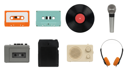 Retro audio equipment set including cassette tapes, vinyl record, microphone, portable player, radio, and headphones isolated. Vintage music and sound technology collection.
