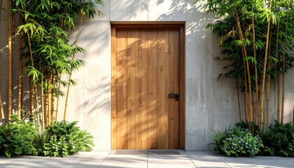 An old wooden door serves as the entrance to a stone house in a rustic Tuscany village featuring a garden with green grass and vibrant flowers along a quiet Italian street