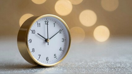 Gold clock on glittery surface with bokeh lights