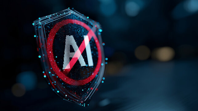 Digital shield with prohibited AI symbol representing artificial intelligence regulation, AI security, ethical technology, restricted access, data protection and responsible use of advanced AI systems