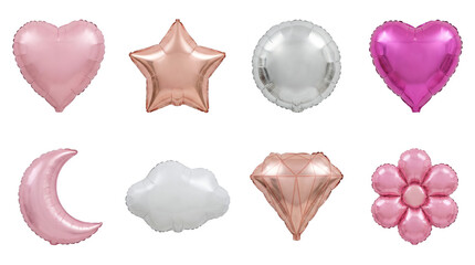 Mylar foil balloon set including heart, star, round, moon, cloud, diamond, and flower shapes isolated. Party and celebration decoration collection.