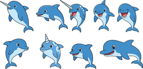 Cute Cartoon Dolphin and Narwhal Vector Set with Funny Expressions Blue Marine Animals Illustration Collection © Sumon Creative