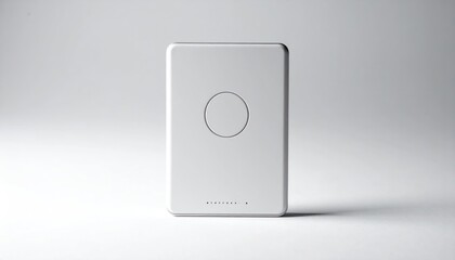 Minimalist White Smart Home Device with Central Button Design.
