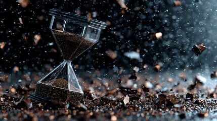 A shattered hourglass with sand spilling out, amidst floating pieces. Dramatic, dark background