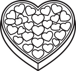 Heart Shaped Chocolate Box line art, black outline, vector and illustration, coloring book page line art drawing
