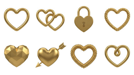 Gold heart set including intertwined, locked, knotted, faceted, and arrow pierced shapes isolated. Elegant metallic jewelry and romance symbol collection.