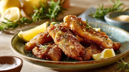 A vibrant plate of crispy Calabrian delicacies rests on a rustic wooden table, surrounded by fresh lemons and aromatic rosemary. The warm colors of the dish invite a delightful culinary experience
