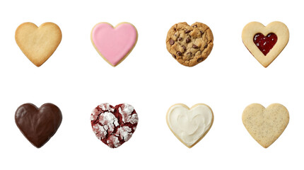 Fototapeta premium Heart shaped cookie set including sugar, chocolate chip, jam filled, and red velvet varieties isolated. Valentines day and bakery dessert collection.