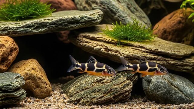 Two Small Striped Orange and Black Corydoras Catfish Swimming Among Rocks and Green Aquatic Plants in a Well-Lit Aquarium
