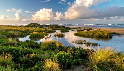 A serene morning view of the green coastline where rocks and cliffs meet the sandy beach and calm blue ocean water under a summer sky