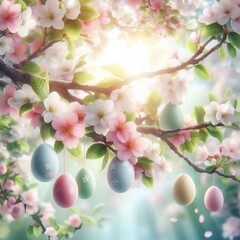 Easter eggs hanging from flowering tree