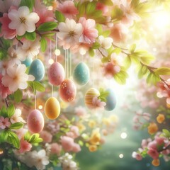 Easter eggs hanging from flowering tree