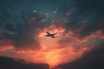 Airplane soaring through colorful sunset clouds in a vibrant sky over an expansive landscape
