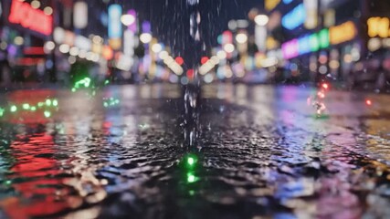A rainy street reflecting colorful city lights with green and red light trails and water droplets - Powered by Adobe