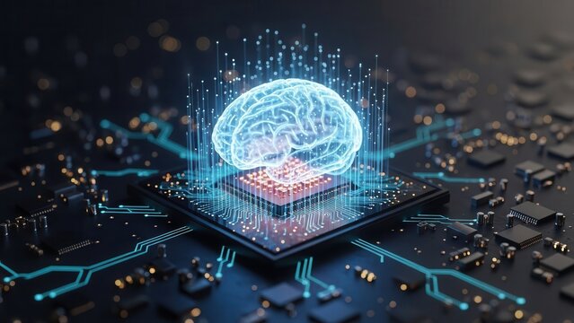 Glowing blue digital brain resting on advanced microchip processor symbolizing strong artificial intelligence core computing power and electronic innovation technology - Powered by Adobe