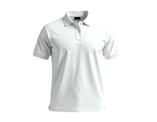 A plain white short-sleeve polo shirt isolated against a black background