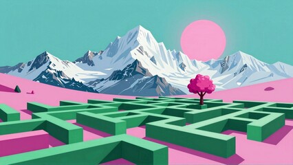 Green maze with pink tree and snowy mountains under pink sun