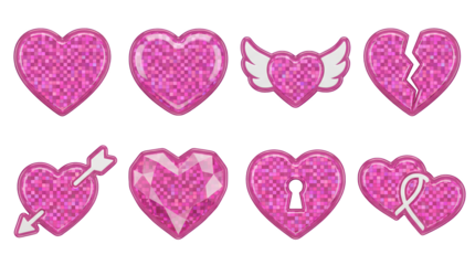 Pink glossy heart set including winged, broken, locked, and arrow variants isolated. Romantic glitter icons and love symbols.
