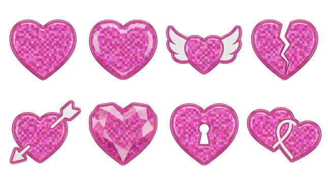 Pink glossy heart set including winged, broken, locked, and arrow variants isolated. Romantic glitter icons and love symbols.