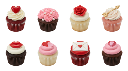 Valentine's day cupcake set including red velvet, chocolate, and vanilla flavors decorated with hearts, roses, and love letters isolated. Gourmet bakery and holiday dessert collection.