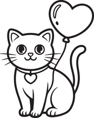 Cat with Heart Balloon line art, black outline, vector and illustration, coloring book page line art drawing © 69creativedesigner