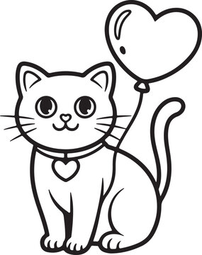 Cat with Heart Balloon line art, black outline, vector and illustration, coloring book page line art drawing