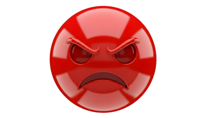 A red angry emoticon face with a frowning mouth and furrowed eyebrows on a white background with angry face and red emoticon and emotions and expression