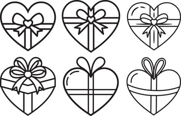 Set of Heart Wrapped Present line art, black outline, vector and illustration, coloring book page line art drawing