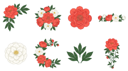 Red and white peony floral set including blooms, buds, leaves, wreaths, and corner arrangements isolated. Botanical illustrations for wedding stationery and garden decor.