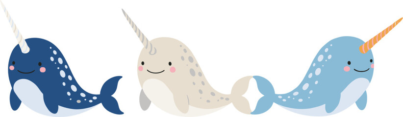 Cute Cartoon Narwhal Vector Set with Smiling Arctic Sea Unicorn Whales Kids Illustration Collection © Sumon Creative