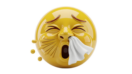 A 3d rendering of a yellow emoji blowing its nose with a tissue coming out of its mouth on a white background with droplets with sick and ill and health
