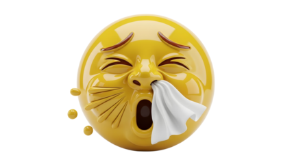 A 3d rendering of a yellow emoji blowing its nose with a tissue coming out of its mouth on a white background with droplets with sick and ill and health
