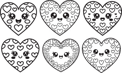 Set of Kawaii Heart Patter line art, black outline, vector and illustration, coloring book page line art drawing