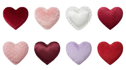 Obraz premium Heart pillow set including plush, velvet, satin, ruffled, and knitted textures isolated. Decorative cushion collection for Valentines day and bedroom decor.