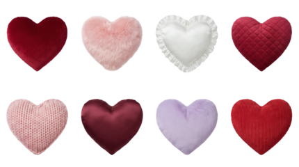 Heart pillow set including plush, velvet, satin, ruffled, and knitted textures isolated. Decorative cushion collection for Valentines day and bedroom decor.