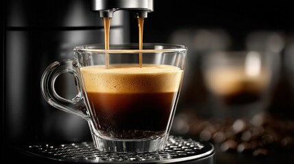 Fototapeta premium Espresso machine dispensing freshly brewed coffee into a glass cup with perfect crema