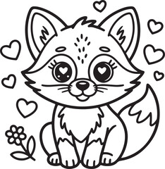 Cute Fox in Love line art, black outline, vector and illustration, coloring book page line art drawing
