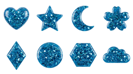 Blue glitter resin shapes set including heart star moon cherry blossom diamond circle hexagon and cloud isolated. Decorative craft and jewelry elements collection.