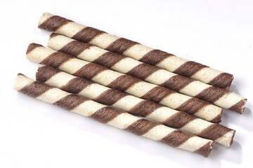 Wafer rolls, striped chocolate and vanilla wafer sticks
