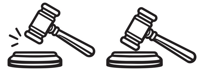 Line art gavel and sound block icon set featuring a judge's mallet striking and resting for law and justice concepts