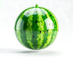 A spherical green watermelon with dark seeds on a white background