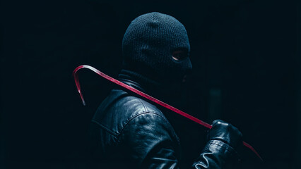 Mysterious figure wearing a dark balaclava and leather jacket holds a bright red menacing crowbar ready for a clandestine activity
