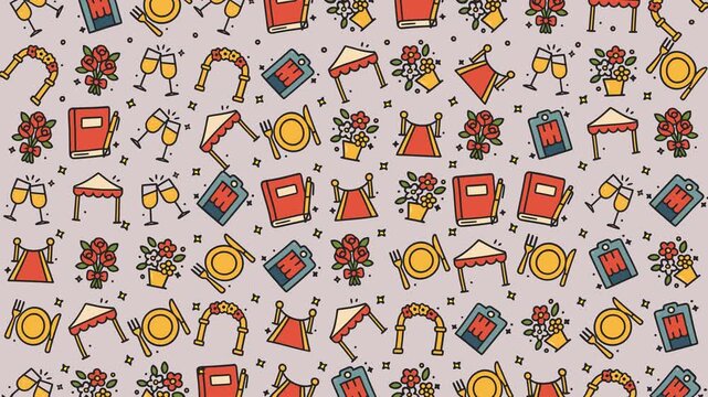 Doodle wedding equipment seamless pattern event celebration invitation cartoon festive suitable for event planners, wedding invitations, and background designs.
