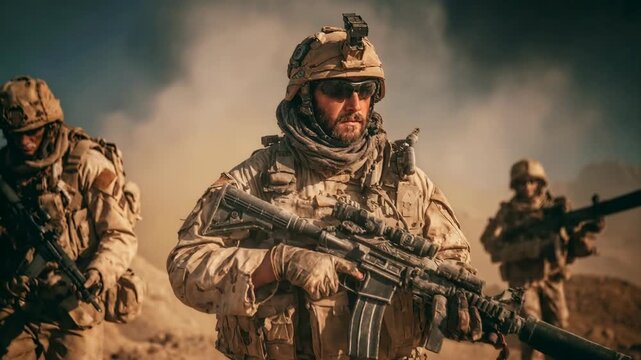 Armed soldiers in desert gear advance through dust with weapons ready illustrating modern warfare training mission and intense military operation