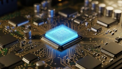 Macro photography of central processing unit glowing with blue light on complex circuit board representing quantum computing and high tech hardware components for data server and machine learning
